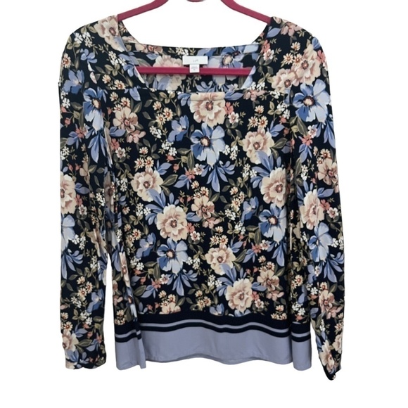 J Jill Blue Floral Long Sleeve Square Neck Rayon Blouse Size XS - Picture 1 of 4